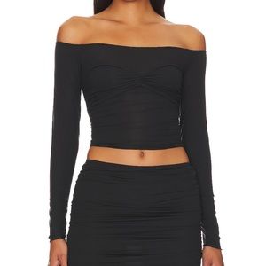 Black off Shoulder Sheer Long Sleeve Coco Pinch Bra Top in Black Indah ballet